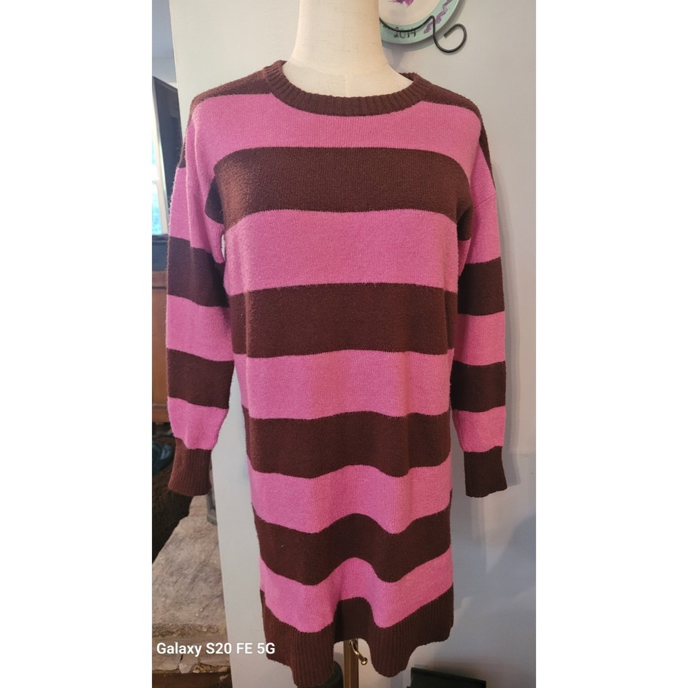 LOFT Womens Cotton Sherpa Pink/Purple Striped Sweater Dress SZ Petite XS Cozy